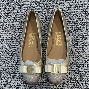 Salvatore Ferragamo Metallic Gold Glitter Vara Bow Flats